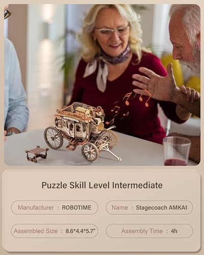 ROBOTIME Stagecoach Wooden Music Box Puzzle AMKA1, Valentines Day Gift 3D Wooden Puzzles for Adults, Mechanical 3D Model to Build, Birthday Anniversary Day Gift Hobby STEM Kits - Image 6