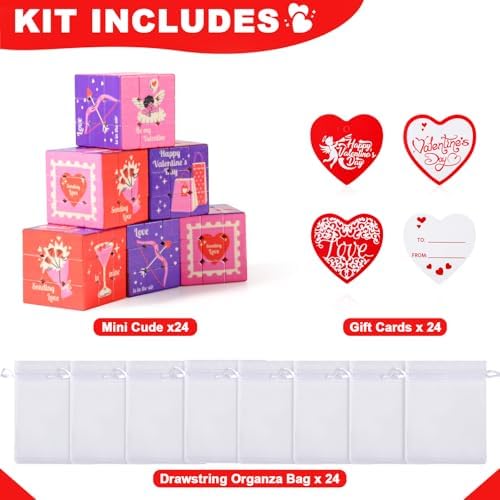 24 Pack Premium Valentine's Day Mini Cubes Set with Cards & Bags, 3x3x3 Puzzle Cubes (1.18 Inch) Heart-Themed Classroom Exchange Gifts, Valentines Gift, Bulk Party Favors, Goodie Bag Stuffers for Kids - Image 2