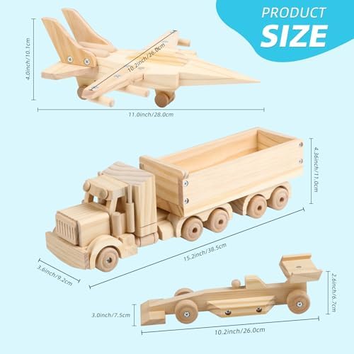 VOMOCNET 3 Pack DIY Wooden Model Building Kit, Includes Fighter Jet, Truck, Race Car, Paint Your Own Arts and Crafts, STEM Toys Birthday Gifts for Boys Girls - Image 7