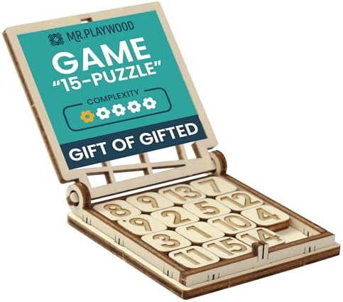 Fifteen Slide Puzzle - Mechanical Wood Model 15 Puzzle Slide Game - Sliding Number Puzzle for Adults & Kids - Portable Handheld Travel Game & Brain Teaser by MrPlaywood