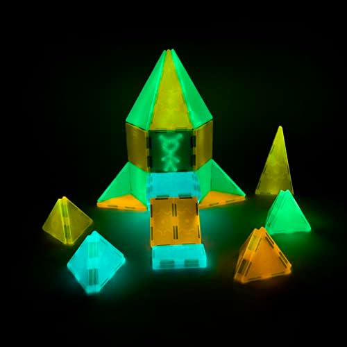 Tytan Tiles Glow in The Dark 60-Piece Magnetic Tiles Building Set, Diverse Multi-Color Shapes, STEM Toy, Cars, Creative Play, Storage Bag & UV Keychain Flashlight for Drawing on Tiles, Ages 3 and Up - Image 3