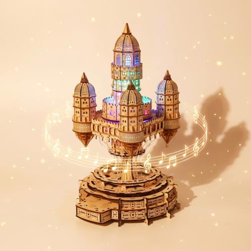 3D Wooden Puzzle for Adults – SkyCity Floating Castle Music Kit with LED Lights & Rotating Mechanism, DIY Mechanical Building Set, Hobbies Puzzle Models for Teens & Collectors by Zamtzax