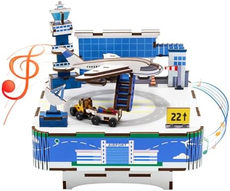 3D Wooden Puzzles Airport Model DIY Rotating Music Box Kit for Teen Boys and Girls-Birthday Gifts and Toys for Kids（Airport Model Music Box） by MievayFunBuildingblocksmusicbox
