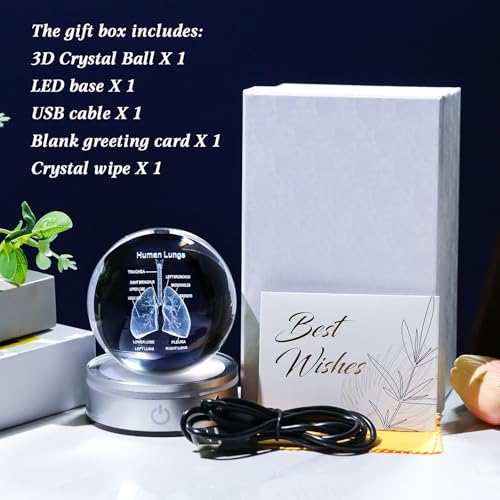 3D Human Lung Model Crystal Ball Doctor Gifts for Women Men, Laser Etched Glass Anatomical Lung Figurine Science Biology Surgeon Decor Graduation Gifts for Medical Student with LED Base - Image 6