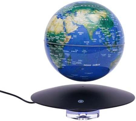 Magnetic Levitation Globe w/UFO-Shaped Base, 6 Inch LED Rotating Geographic Globe with RBG Light, Auto Rotation Suspended Floating World Map Night Light for Table Desk Decor Holiday Gift, Dark Blue by Unknown