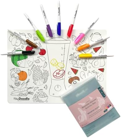 HeyDoodle Breakfast Blend Classic Doodle Mat – Reusable Silicone Coloring Mat for Toddlers and Kids – Educational Fractions Activity Pad with 9 Markers – Mess-Free Travel Toy – Ages 3-7 by HeyDoodle
