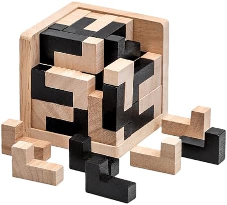 Wooden Brain Teaser Puzzle Cube Wooden Puzzles T-shaped Jigsaw Logic Puzzle Educational Toy for Kids and Adults by AHYUAN (L Shape Black and Natural) by Ahyuan