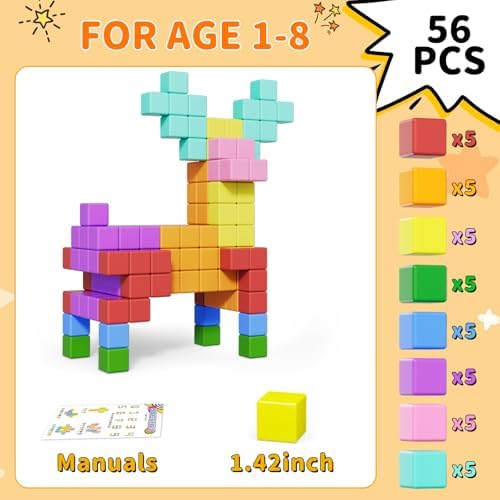 Magnetic Blocks Large, 56PCS 1.42in Magnetic Building Blocks for Kids Ages 4-8, STEM Sensory Travel Autism Montessori Toys for Toddlers, Learning Construction Magnetic Cubes for Birthday Gift - Image 7