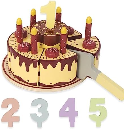 Pretend Play Food for Toddlers 2-5,Wooden Birthday Fake Cake Toy by WoodenEdu