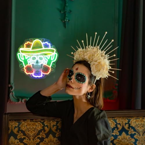 Mexican Sugar Skull Neon Light Sombrero Hat Cactus Roses LED Signs for Wall - Image 4