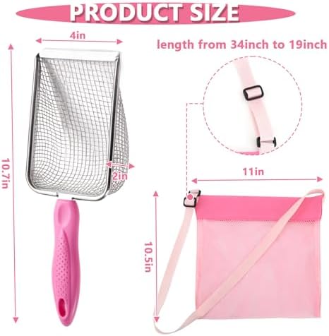 fethwoin 2Pcs Shark Tooth Sifter with 2Pcs Mesh Shell Bags, Beach Sand Sifter, Sea Shell Scooper for Beach, Sand Beach Toys for Kids, Medium, Pink - Image 2