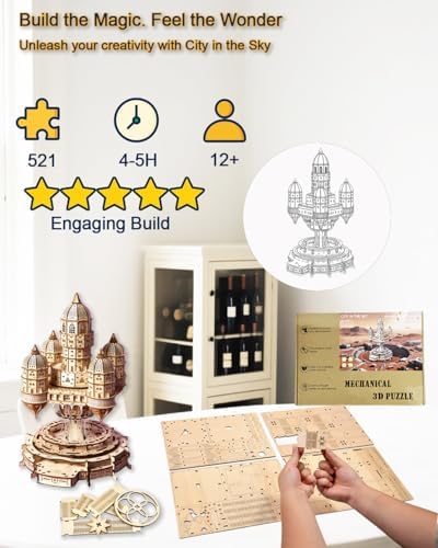 3D Wooden Puzzle for Adults – SkyCity Floating Castle Music Kit with LED Lights & Rotating Mechanism, DIY Mechanical Building Set, Hobbies Puzzle Models for Teens & Collectors - Image 3