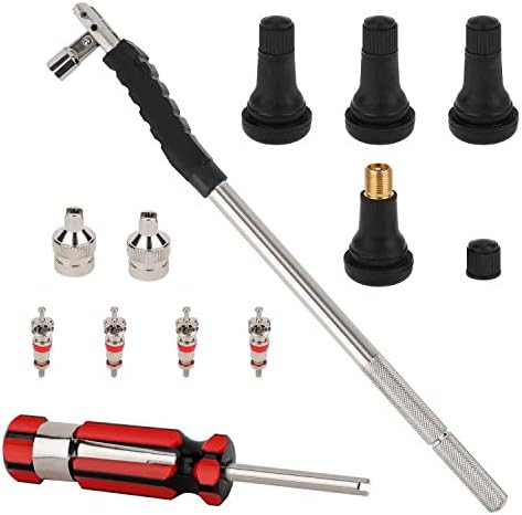 Hromee Tire Valve Stem Tool Puller and Installer Kit, 4PCS TR413 Tubeless Snap-in Valve Stem with Valve Stem Cores, Single Head Valve Core Remover and Slotted-Head Valve Cap by Hromee
