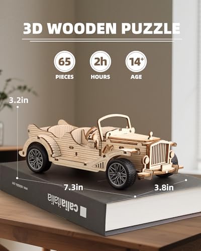 3D Wooden Puzzles for Adults, Pull Back Vintage Car Building Kits - Image 2