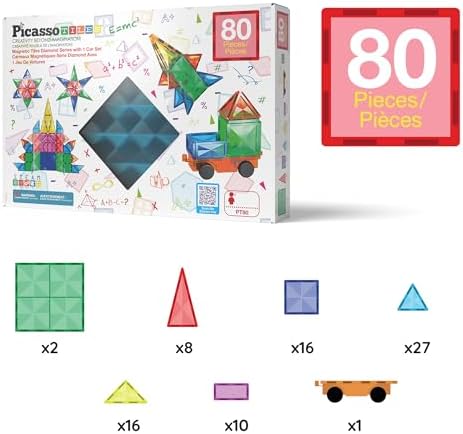 PicassoTiles 80 Piece Magnetic Tiles, STEM Building Set with Car, Ages 3+ - Image 6