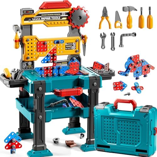 Kids Tools Toy Sets, 2 in 1 Workbench Toys and Pretend Play Toolbox by KIZONLY