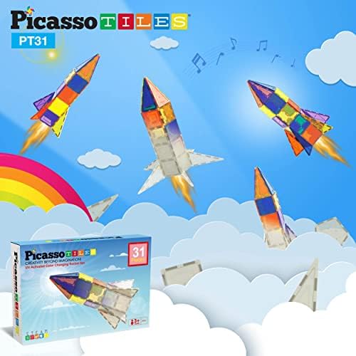 PicassoTiles UV Activated Color Changing Rocket Set Magnet Construction Toy Kit Engineering STEM Learning Playset Child Brain Development Stacking Blocks Playboard for All Ages 3 and Up PT31 - Image 6