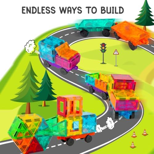 Magnetic Tiles Car Building Kit for Toddlers, 4 PCS Magnet Construction Trucks, STEM Toys for Boys Girls Ages 3-5 4-8,Educational Vehicle Engineering Set, Gifts for Kids - Image 4
