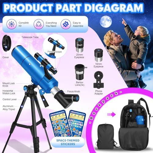 Portable 80mm Refractor Telescope for Adults & Kids, 500mm Focal Length, 20X-150X Magnification, Astronomy Starter Kit with Phone Adapter, Backpack & Stickers – Perfect for Stargazing Adventures - Image 6