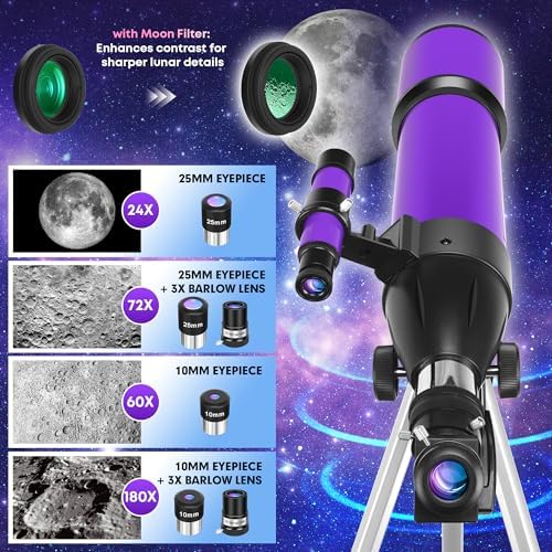 Telescope, Telescope for Adults & Kids & Astronomy Beginners, 80mm Aperture 600mm Portable Refractor Telescopes FMC Optics with AZ Mount Tripod, Phone Adapter, Moon Filter and Carrying Bag - Image 3