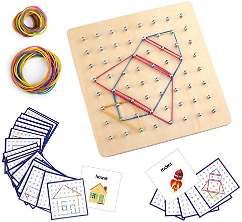 Thoth Montessori Wooden Geoboard Mathematical Manipulative Material Array Block Geo board with 36Pcs Pattern Cards and Rubber Bands Matrix 8x8 for Kids Graphical Educational Toys Early Development Toy by Thoth