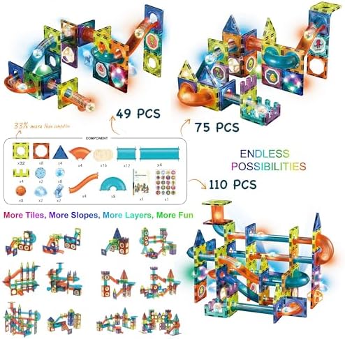 Glowing Magnetic Tiles Marble Run Race Track Super Set - 110 Complete Pieces Glow in The Dark STEM Light Magnetic Building Blocks Gravity Marble Maze Games for Toddlers Kids Boys Girls Ages 3+ Years - Image 5