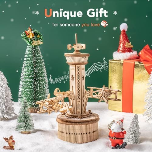 ROKR 3D Wooden Puzzle for Adults Airplane Tower Music Box - DIY Mechanical Model Building Kit 10", Birthday Gifts for Men/Women/Parents/Family - Image 2