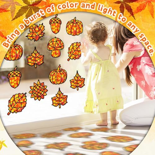 32 Sets Fall Thanksgiving Suncatchers Craft Kit DIY Window Stained Glass Effect Autumn Harvest Paper Crafts Home School Classroom Decoration Kid Birthday Gift Creative Art Project Activity Game - Image 5