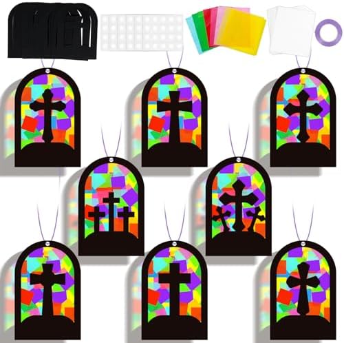QOUBAI 32 Sets Cross Suncatchers Craft Kit DIY Religious Window Stained Glass Effect Christian VBS Paper Hanging Ornament Kid Easter Sunday School Birthday Gift Creative Art Project Activity Game by QOUBAI