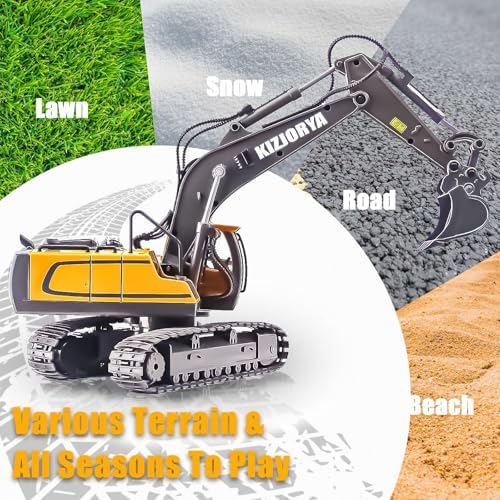 KIZJORYA Remote Control Excavator, Toys for Boys Age 6-12, Rechargeable 11 CH RC Construction Vehicles Truck with Sound Light Metal Shovel, Birthday for Kids 7 8 9 10+ Year Old(2.4 GHz) - Image 5