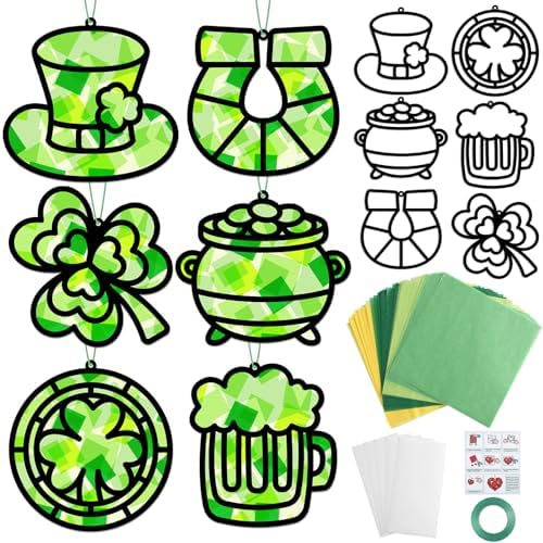 Qyeahkj 36 Set St. Patrick's Day Suncatchers Crafts for DIY Shamrock Window Tissue Paper Craft Kit Hanging Decor for St. Patrick's Day Home Activity Art Project Birthday Party Favor by Qyeahkj