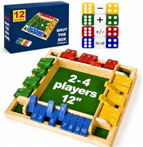 Shut The Box Dice Game 12 Inch Upgraded 2-4 Player Wooden Dice Game Math Addition Games Close The Box Family Wooden Dice Board Game for Kids Adults, Tabletop Version for Classroom, Home, Party or Bar by Elanbells