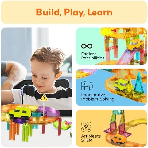 PicassoTiles 60pc Magnetic Tile Race Car Track Set STEM Construction Road Kit Building Blocks for Kids Toddlers Age 3 Plus Educational Travel Toy Sensory Preschool Learning for Boys and Girls PTMR60 - Image 4
