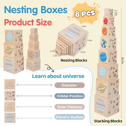 Wooden Solar System Nesting & Stacking Blocks, Planets Toy for Kids 3-5 - Image 2
