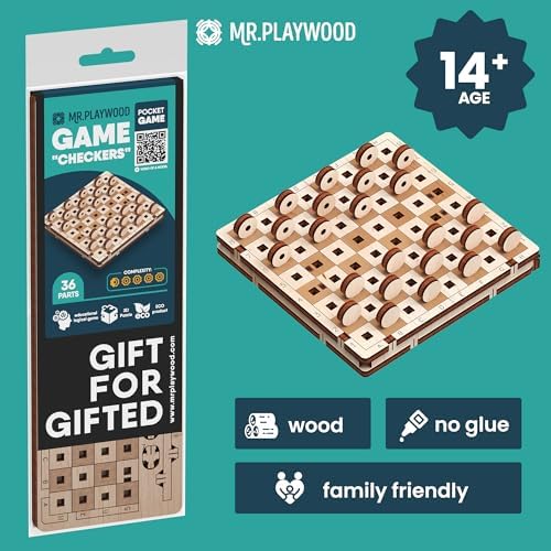 Mr. Playwood 3D Mechanical Wooden Checkers Board Game – Portable Pocket Size DIY Puzzle Kit – Travel Strategy Set for Teens & Adults - Image 6