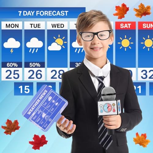 Kids Meteorologist Costume Set Weather Toys for Kids Glasses Microphone Weather Man Necktie Maple Leaves Weather Chart Prop for Career Day Party - Image 6