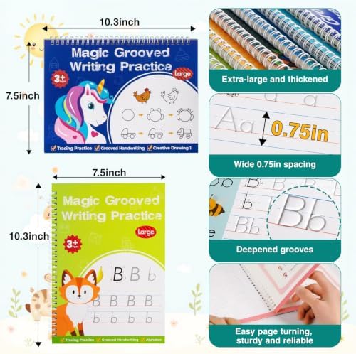 8-Books Magic Grooved Writing Practice, Tiny Thinkers Reusable Indented Handwriting Practice for Kids 3-5, Your Little Explorer Motor Magic Happy Writer System - Image 6