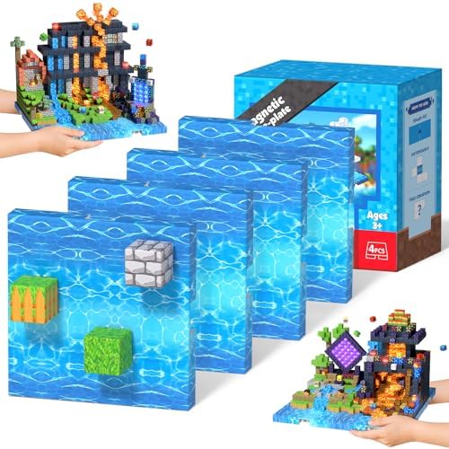 4PCS 4" x 4" Magnetic Building Block Base Plates for Kids, Strong Grip Magnetic blocks Base Compatible with Most Popular Magnetic Blocks & Cubes, STEM Educational Toys for Boys Girls Ages 3+ (Water） by GraceDuck