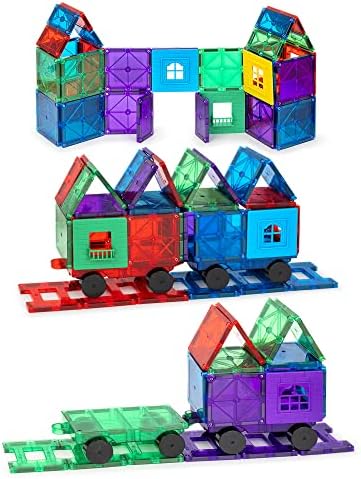 Playmags Magnetic Tiles Train Car Set for Kids - 55pcs Magnet Building Blocks Accessory Set with 4 Cars - Durable Creative STEM Learning Toys for Boys, Girls & Toddlers by Playmags