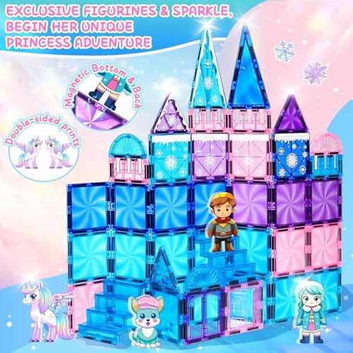 Princess Castle Magnetic Tiles 112PCS with 4 Dolls 2 Stairs &DIY Decors Kit - Image 4