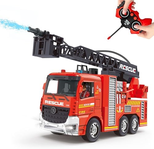 MQDMINI Remote Control Fire Truck Toy - Fireman Fire Truck with Jet Pump and Lights, Red Toy for 3 Year Old Boys, Girls and Toddlers by MQDMINI