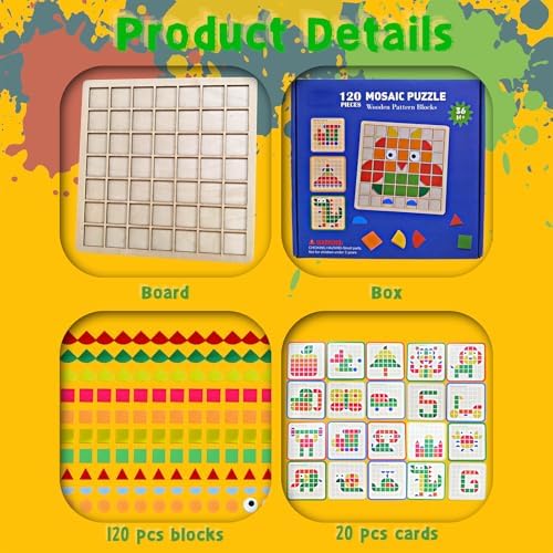 Wooden Pattern Blocks Set 120 Pcs Geometric Shapes Puzzle Classic Montessori Educational Tangram Toys with 24 Design Cards for 4-8 Year Old Kids - Image 3