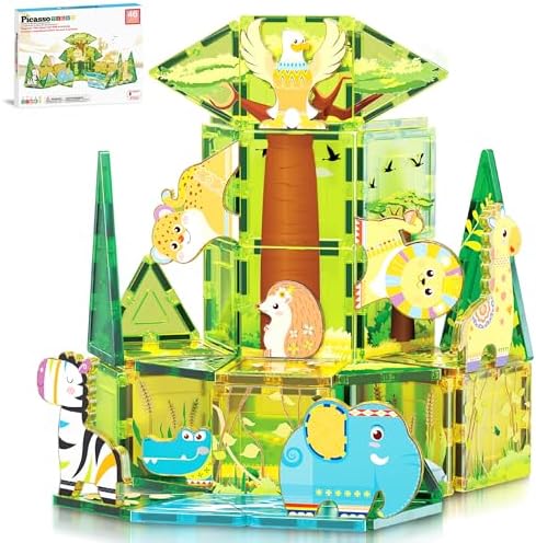 PicassoTiles Magnet Tile Building Block Safari Themed Set with 8 Compatible Magnetized Animal Action Figures Build Blocks Toddler Creativity Toys STEAM Educational Learning Skills Ages 3+ PTQ12 by PicassoTiles