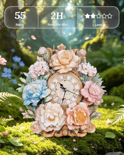 3D Wooden Puzzles for Adults, Flower Clock with Pendulum Model Kit, 3D Puzzles for Adults Room Home Decor DIY Wall Clock Kit, Holiday Birthday Christmas Day Gifts for Men Women - Image 2