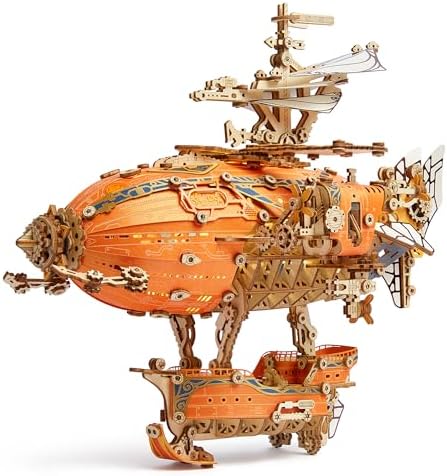 FUNPOLA LED 3D Wood Puzzle Fantasy Airship Model - Steampunk DIY Craft Kit with LED Lights – Intricate Wooden Airship Model Building Set for Adults(Orange) by FUNPOLAHomeDecor3DPuzzles