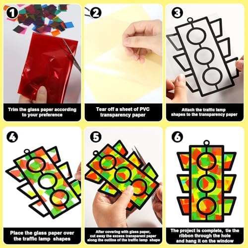 QOUBAI 32 Sets Traffic Light Suncatchers Craft Kit DIY Window Stained Glass Effect Traffic Lamp Paper Crafts Home School Classroom Decoration Kid Birthday Gift Creative Art Project Activity Game - Image 3