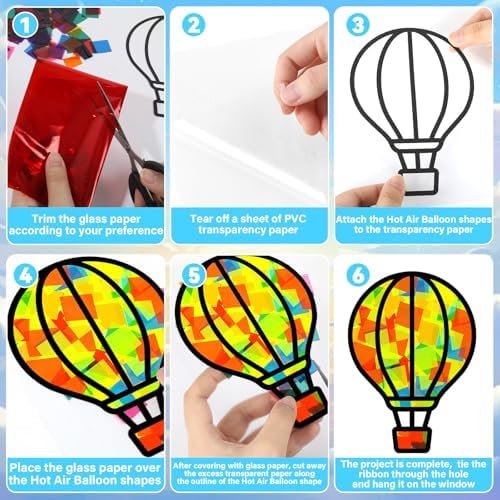 QOUBAI 32 Sets Air Balloons Suncatchers Craft Kit DIY Window Stained Glass Effect Hot Air Balloons VBS Paper Craft Home School Classroom Decoration Kid Birthday Gift Creative Art Project Activity Game - Image 3