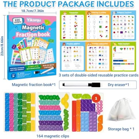 Magnetic Fraction Playbook 164 PCS, Magnetic Fraction Tiles Demonstration Book with Circles & Squares Montessori Math Manipulatives for Elementary School, Fraction Learning Toys for Kids - Image 3