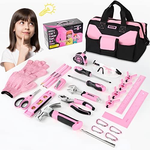 SHALL 26-Piece Kids Size Tool Set, Pink Real Tools for Kids with 12" Tool Bag, Safety Certified Children Learning Tool Kit with Hand Tools for Boys & Girls Age 6+, DIY Building, Woodwork, Construction by SHALL