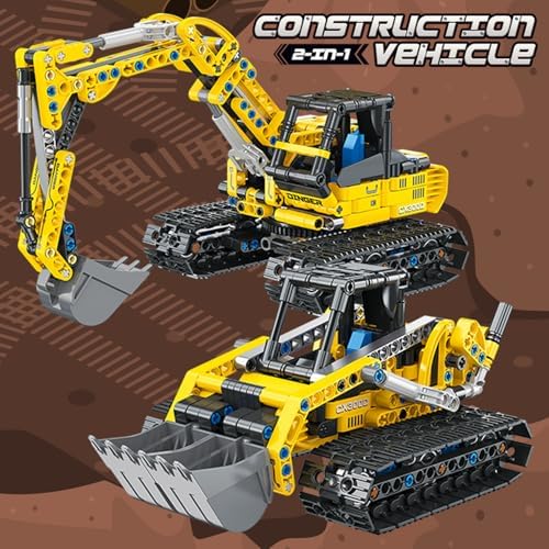 2-in-1 Excavator & Bulldozer Building Set, 399-Piece STEM Construction Vehicle Kit with Rotating Cab and Moving Arm, Creative Engineering Toy for Kids - Image 2